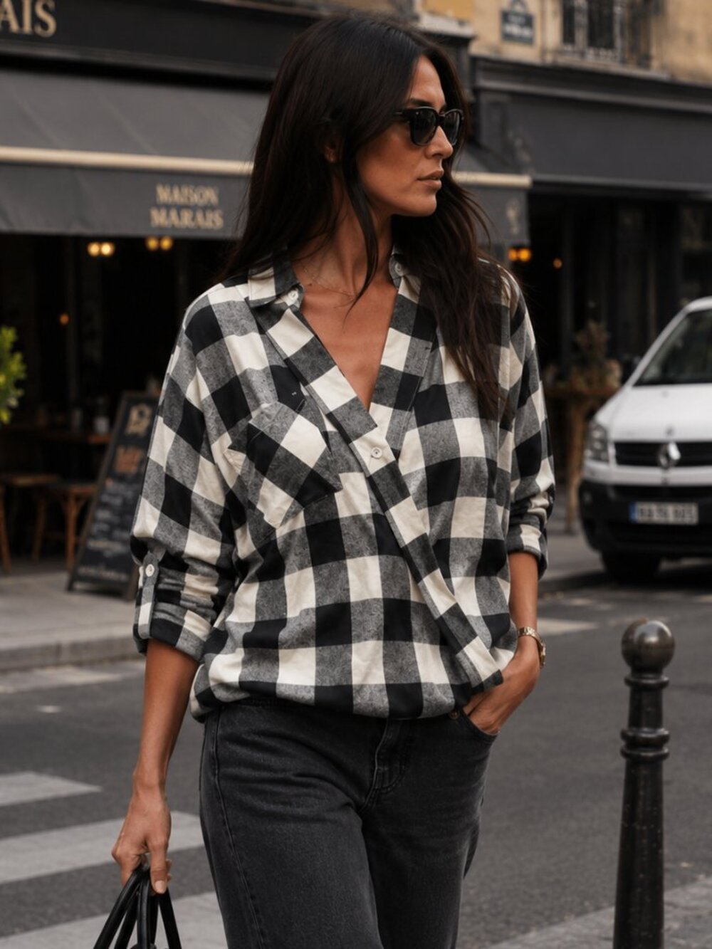 NWT Against Nudity Black & White Plaid Shirt Wrap Front Crossover Buffalo Check